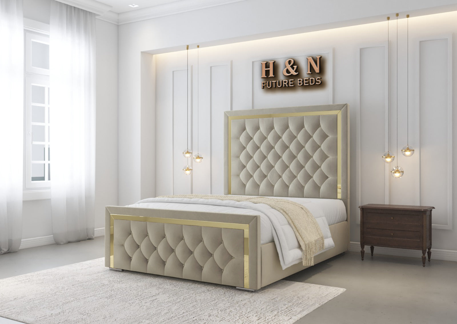 Rebecca Chesterfield Bed Frame With Gold Strip | Storage Option Available