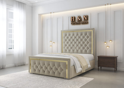 Rebecca Chesterfield Bed Frame With Gold Strip | Storage Option Available