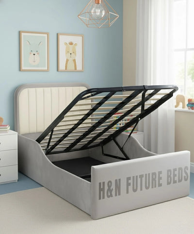 Plush Velvet Upholstered Kids Single Bed | Grey Kids Bed with Toy Box