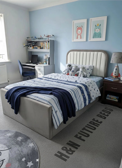 Plush Velvet Upholstered Kids Single Bed | Grey Kids Bed with Toy Box