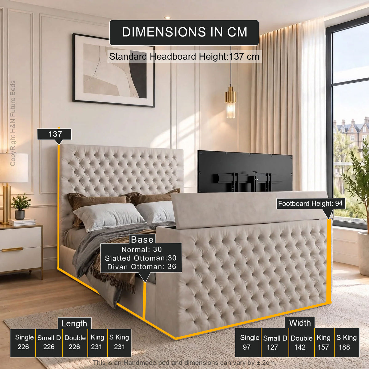 Double Bed Ottoman TV Bed Frame | Hydraulic lift Ottoman TV Bed