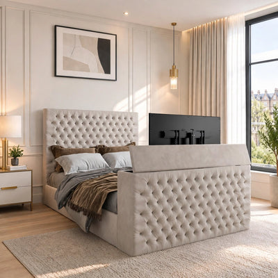 Double Bed Ottoman TV Bed Frame | Hydraulic lift Ottoman TV Bed