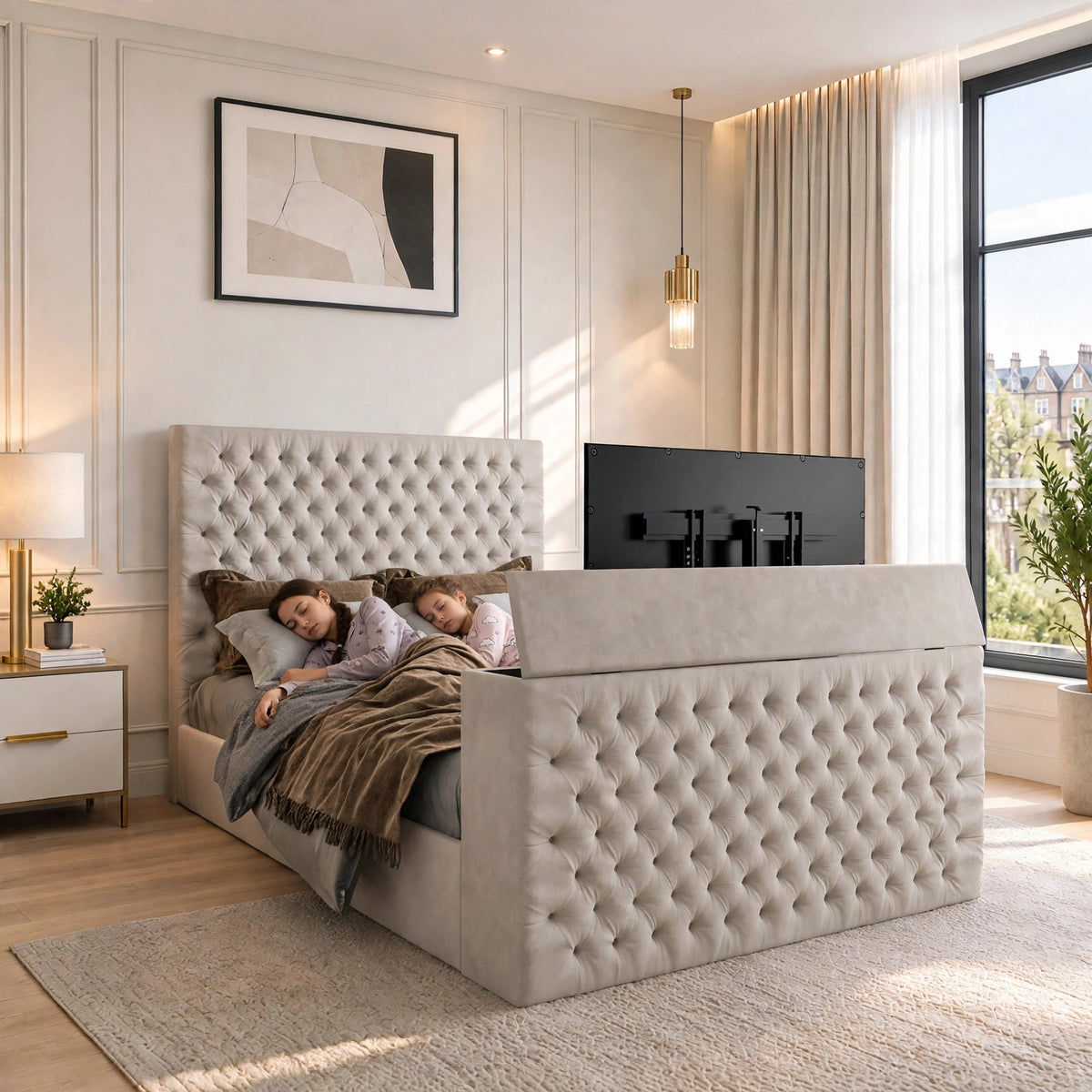 Double Bed Ottoman TV Bed Frame | Hydraulic lift Ottoman TV Bed