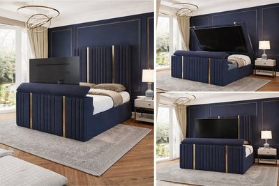 6ft Super King TV Bed | Royal Navy Velvet TV Bed