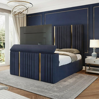 6ft Super King TV Bed | Royal Navy Velvet TV Bed